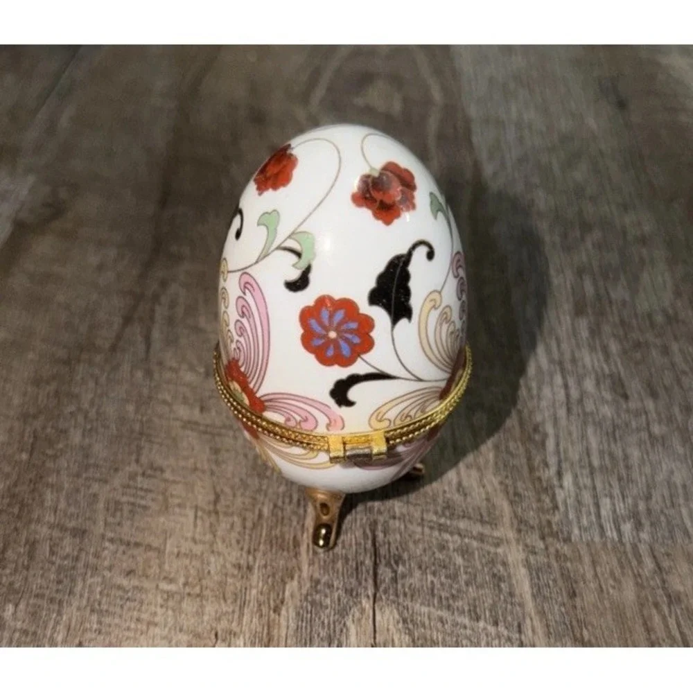 Vtg 60s Trinket Box Decorative Egg Red  Pink Floral Gold Accents